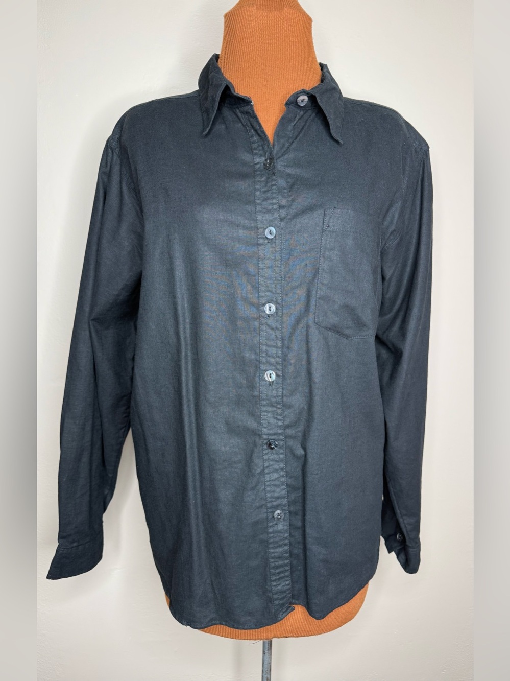 Maria Gabrielle Linen Blend Black Button-Down Shirt Chest Pocket Size XL
